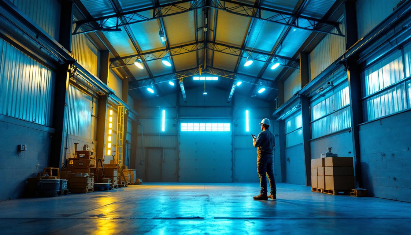 A photograph of a brightly lit pole barn interior showcasing led lights in action