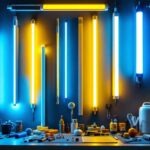 A photograph of a brightly lit workspace featuring a variety of fluorescent light tubes in different sizes and colors