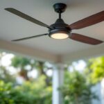 A photograph of a stylish outdoor ceiling fan installed in a beautifully designed outdoor space