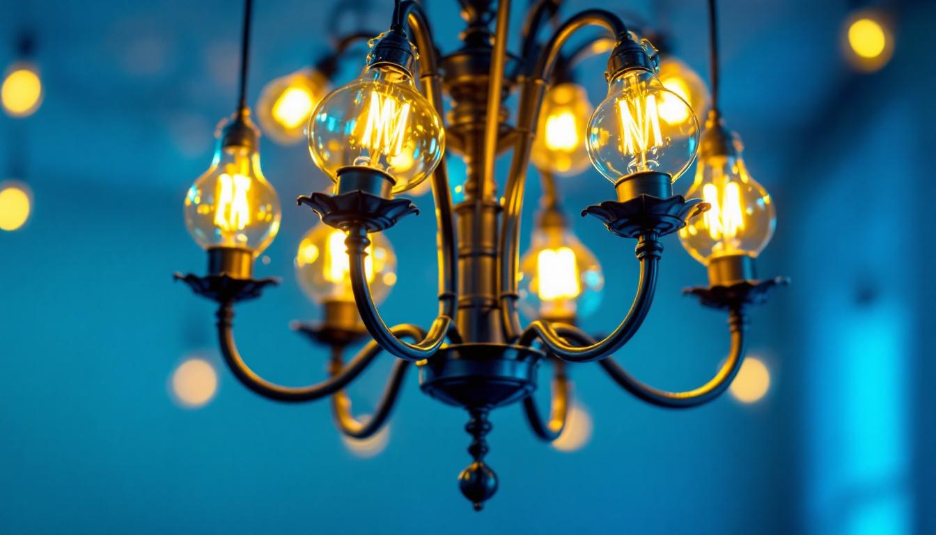 A photograph of a beautifully designed chandelier adorned with decorative light bulbs