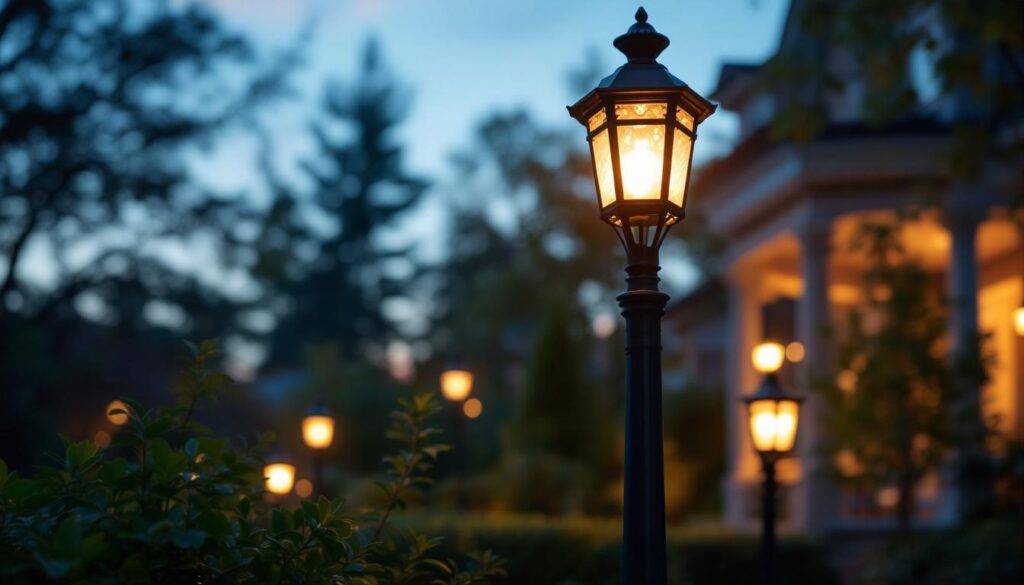 A photograph of a beautifully illuminated outdoor decorative lamp post in a residential or commercial setting during twilight