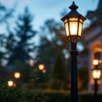 A photograph of a beautifully illuminated outdoor decorative lamp post in a residential or commercial setting during twilight