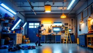A photograph of a well-lit garage space showcasing various high-quality garage lights in use