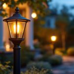 A photograph of a beautifully designed black outdoor post light illuminating a stylish garden or pathway at dusk