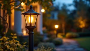 A photograph of a beautifully designed black outdoor post light illuminating a stylish garden or pathway at dusk