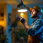 A photograph of a lighting contractor skillfully installing a modern led lamp in a residential or commercial setting