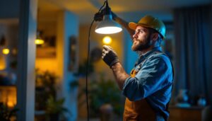 A photograph of a lighting contractor skillfully installing a modern led lamp in a residential or commercial setting