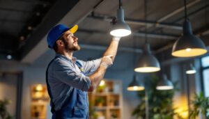 A photograph of a skilled electrician or lighting technician installing a&h lighting fixtures in a modern space
