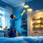 A photograph of a skilled lighting contractor installing can lights in a beautifully remodeled room