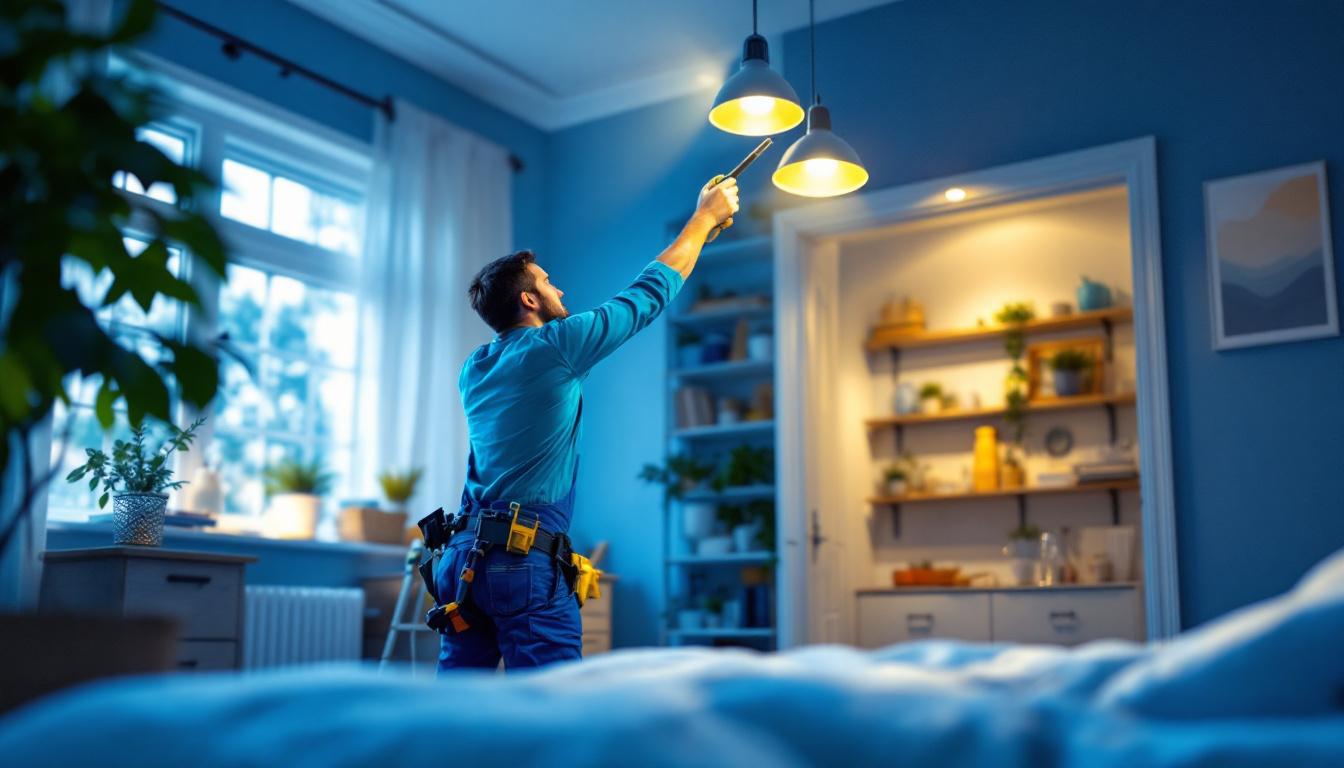 A photograph of a skilled lighting contractor installing can lights in a beautifully remodeled room