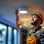 A photograph of a skilled lighting contractor installing a motion detector recessed light in a modern home setting
