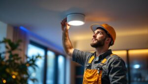 A photograph of a skilled lighting contractor installing a motion detector recessed light in a modern home setting