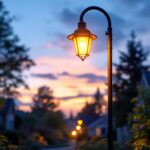 A photograph of a beautifully illuminated residential light post in a charming neighborhood setting during twilight