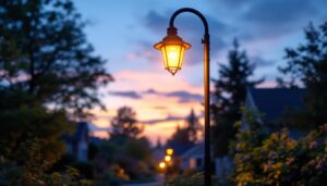 A photograph of a beautifully illuminated residential light post in a charming neighborhood setting during twilight