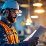 A photograph of a lighting contractor reviewing compliance documents while examining various lighting fixtures in a well-lit workspace