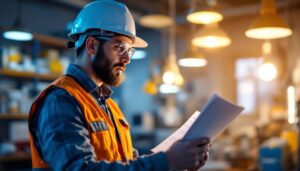 A photograph of a lighting contractor reviewing compliance documents while examining various lighting fixtures in a well-lit workspace