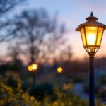 A photograph of a beautifully illuminated outdoor led post lantern in a landscaped setting during twilight