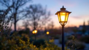 A photograph of a beautifully illuminated outdoor led post lantern in a landscaped setting during twilight