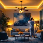 A photograph of a skilled lighting contractor installing an elegant home light fixture in a beautifully designed living space