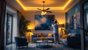 A photograph of a skilled lighting contractor installing an elegant home light fixture in a beautifully designed living space