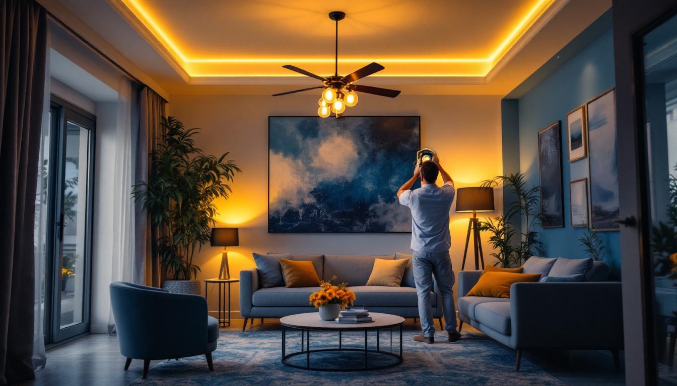 A photograph of a skilled lighting contractor installing an elegant home light fixture in a beautifully designed living space