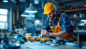 A photograph of a lighting contractor in action