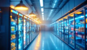 A photograph of a well-lit walk-in cooler showcasing modern light fixtures