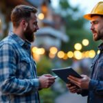 A photograph of a lighting contractor discussing solar lighting options with a client in a well-lit outdoor setting