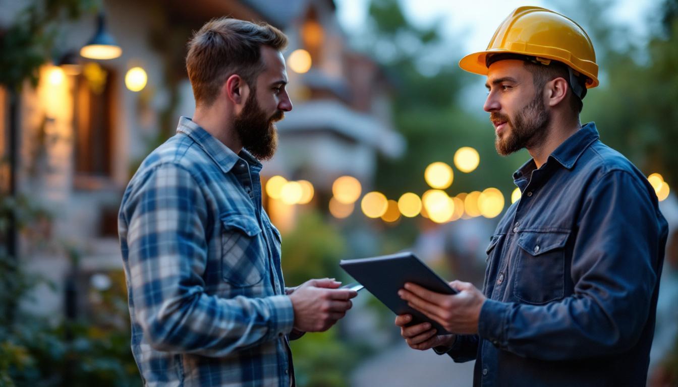 A photograph of a lighting contractor discussing solar lighting options with a client in a well-lit outdoor setting