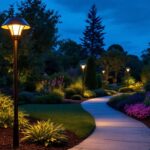 A photograph of a beautifully landscaped garden illuminated by stylish solar lawn lamps at dusk