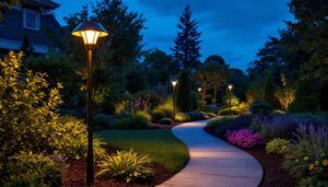 A photograph of a beautifully landscaped garden illuminated by stylish solar lawn lamps at dusk