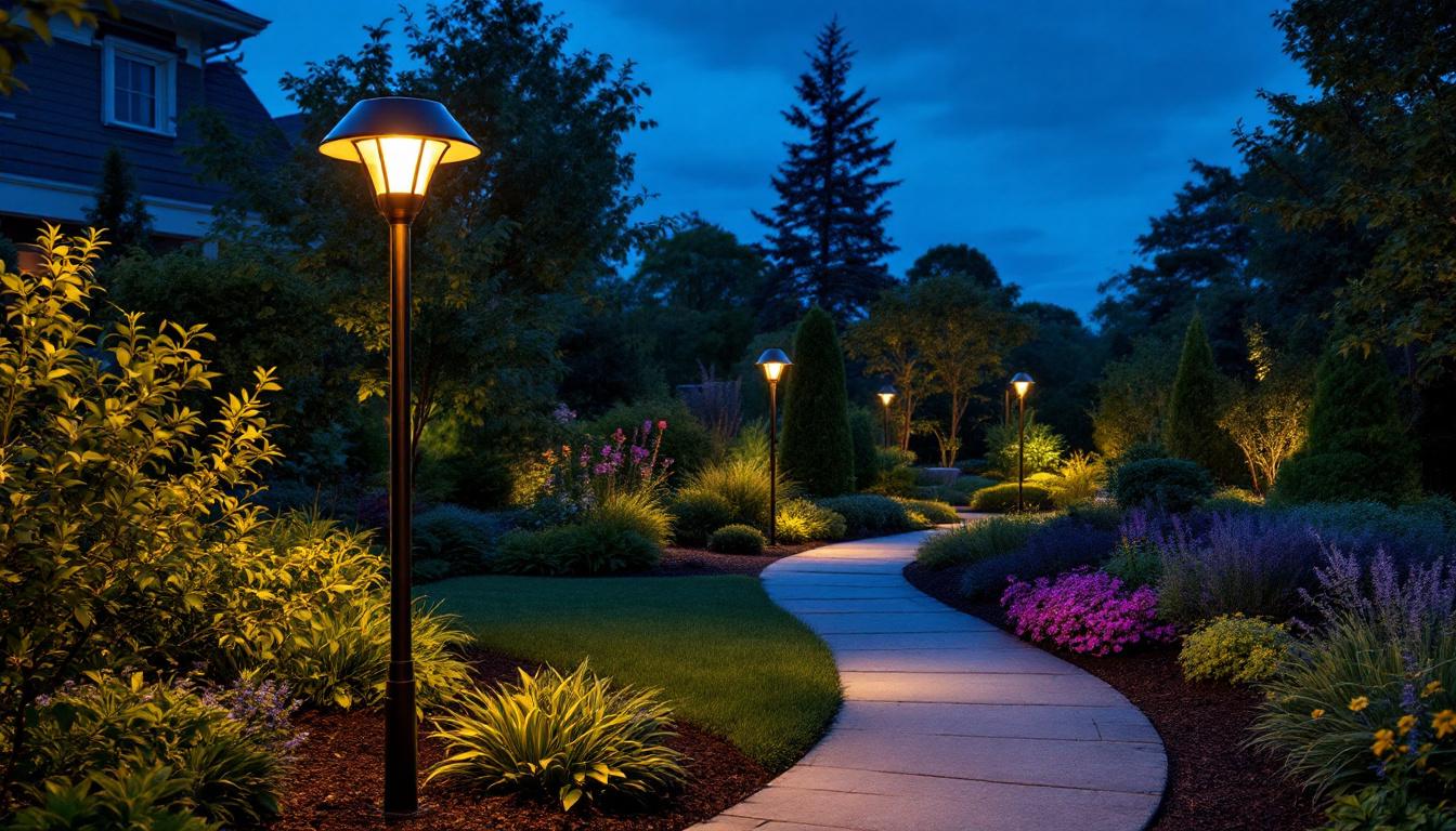 A photograph of a beautifully landscaped garden illuminated by stylish solar lawn lamps at dusk