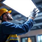 A photograph of a lighting contractor installing a 2x4 led flat panel light in a commercial setting