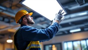 A photograph of a lighting contractor installing a 2x4 led flat panel light in a commercial setting