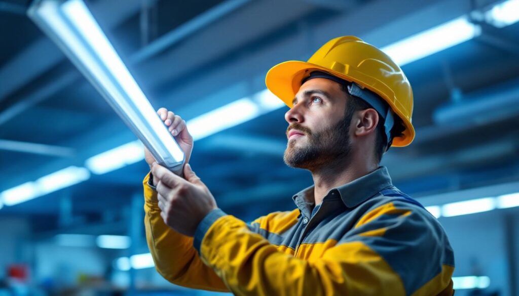 A photograph of a lighting contractor in action