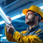 A photograph of a lighting contractor in action