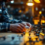 A photograph of a lighting contractor working in a well-lit workshop