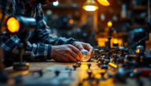 A photograph of a lighting contractor working in a well-lit workshop