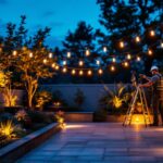 A photograph of a well-lit outdoor space featuring stylish and functional lighting fixtures
