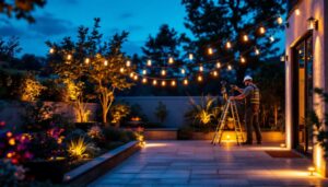A photograph of a well-lit outdoor space featuring stylish and functional lighting fixtures