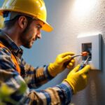 A photograph of a skilled lighting contractor installing an external electrical outlet box on a well-lit exterior wall