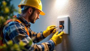 A photograph of a skilled lighting contractor installing an external electrical outlet box on a well-lit exterior wall