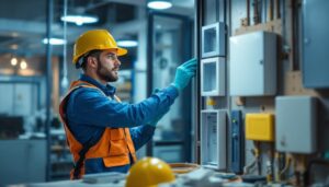 A photograph of a skilled lighting contractor installing or inspecting a variety of electrical box covers in a well-lit