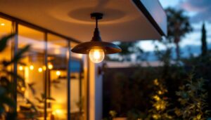 A photograph of a beautifully designed outdoor ceiling light fixture installed in an inviting outdoor setting