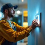 A photograph of a skilled lighting contractor installing a fan and light control switch in a modern home setting