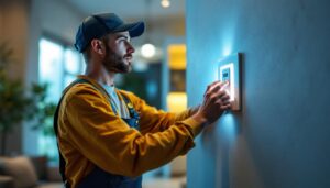 A photograph of a skilled lighting contractor installing a fan and light control switch in a modern home setting