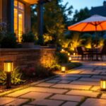 A photograph of capture a photograph of a beautifully illuminated outdoor space featuring solar-powered paver lights integrated into a stylish patio or walkway