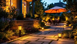 A photograph of capture a photograph of a beautifully illuminated outdoor space featuring solar-powered paver lights integrated into a stylish patio or walkway
