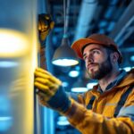 A photograph of a skilled lighting contractor expertly installing or adjusting various types of led lights in a modern interior space