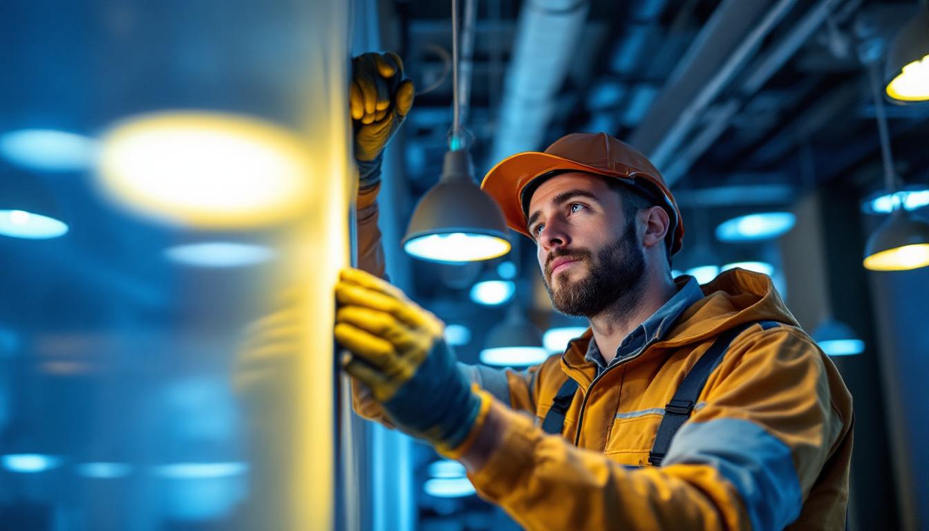 A photograph of a skilled lighting contractor expertly installing or adjusting various types of led lights in a modern interior space